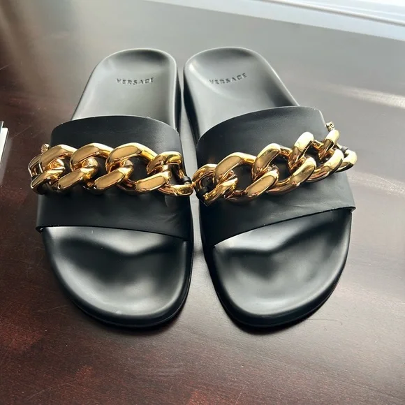 Versace Black and Gold Chain Slide Sandals - Picture 2 of 10